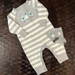 Janie & Jack Grey and White Striped Sweater One Piece with Sheep.  Size 0-3M.
